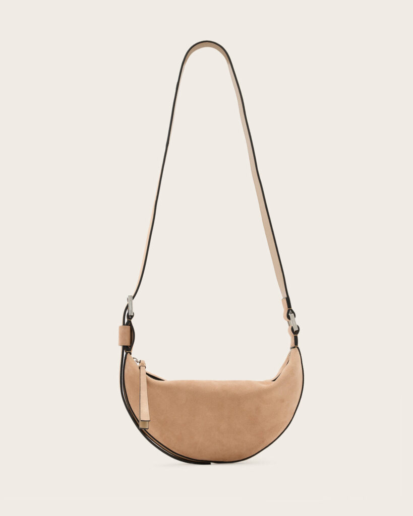 ALLSAINTS Half Moon Suede Crossbody Bag in Mink Brown