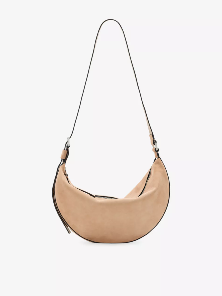 AllSaints Half Moon Mink Brown Suede Shoulder Bag