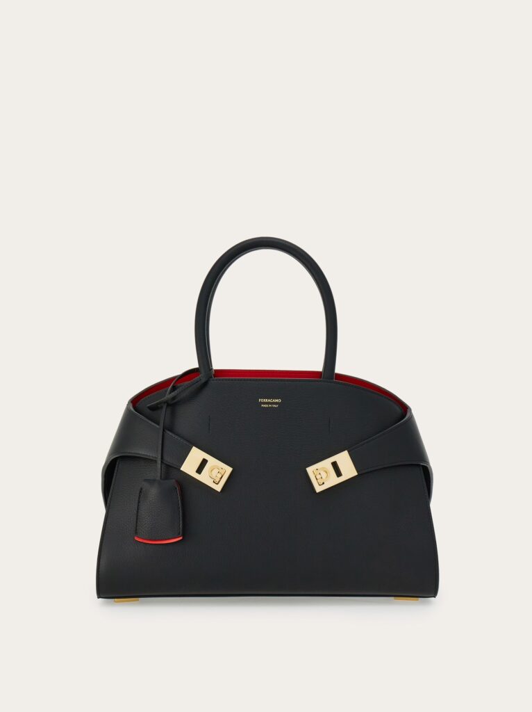 Ferragamo Hug Leather Bicolour Medium Top Handle Bag in Black Red