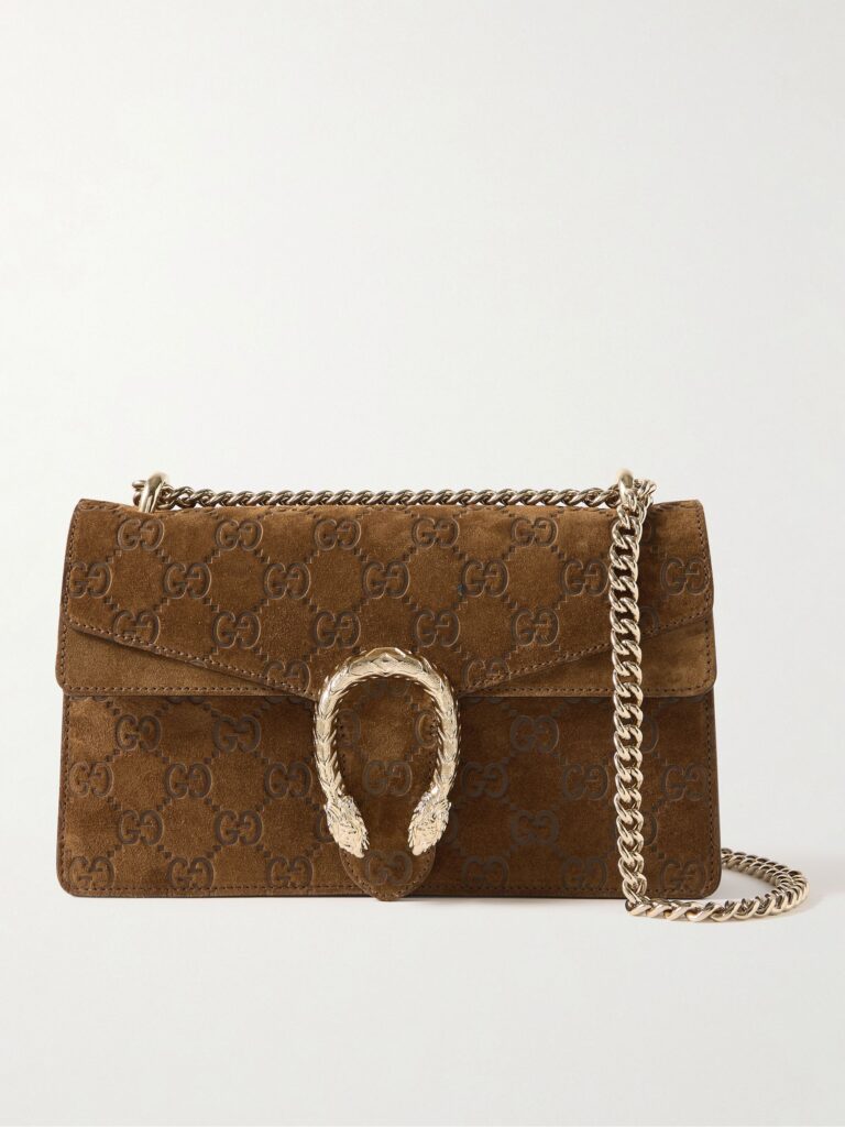 Gucci Dionysus Debossed Suede Shoulder Bag in Light Brown