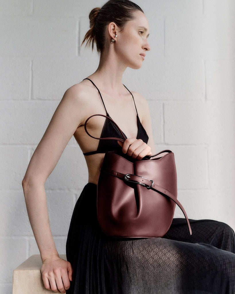 Little Liffner Belted Leather Bucket Bag in Amarone