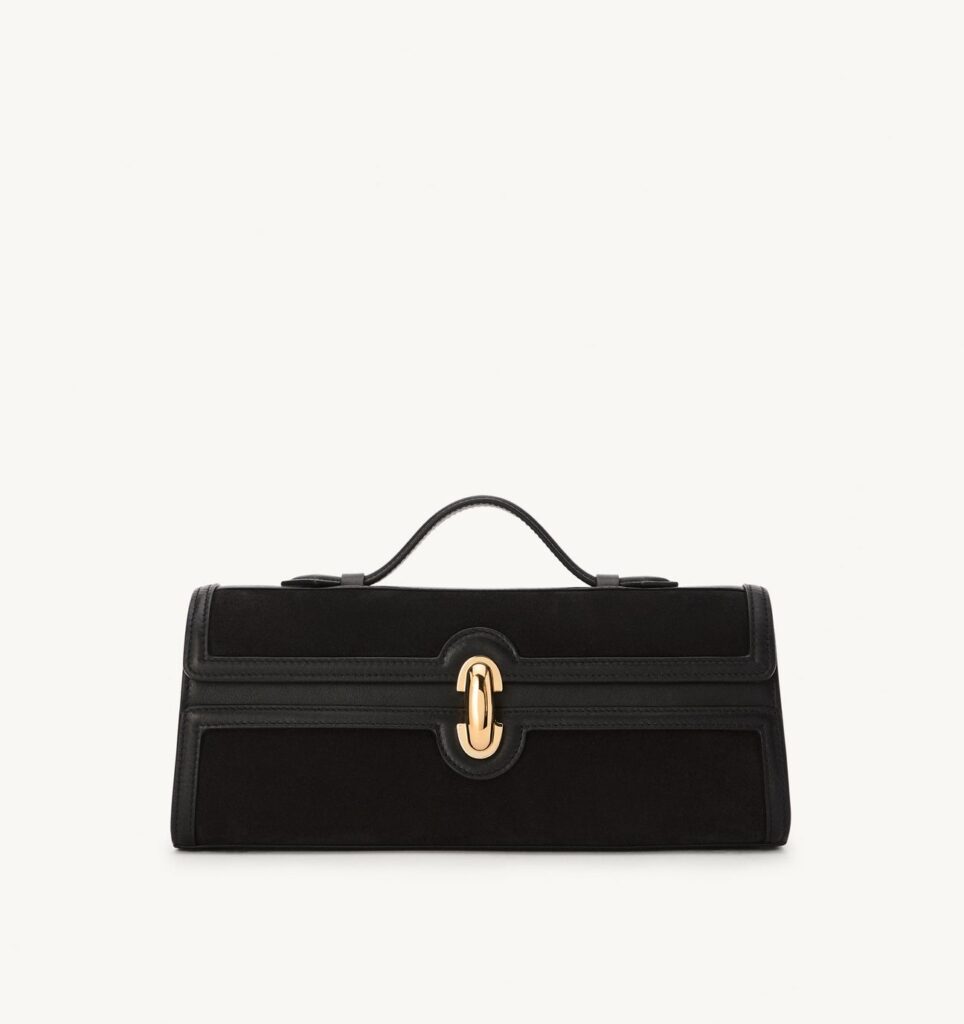 Savette Slim Symmetry Pochette Black Suede Top Handle Bag
