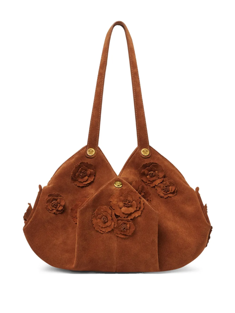 Versace Floral Protea Brown Suede Shoulder Bag