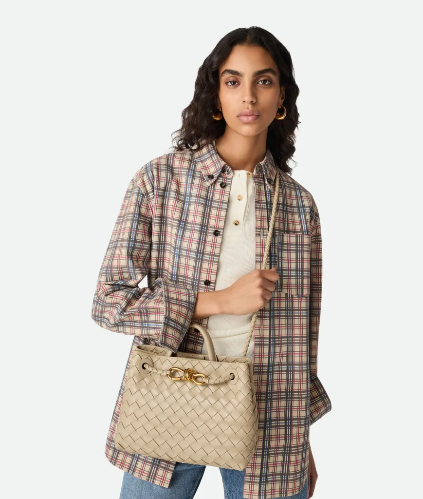Bottega Veneta Small Andiamo Ecru Intrecciato Leather Top Handle Bag