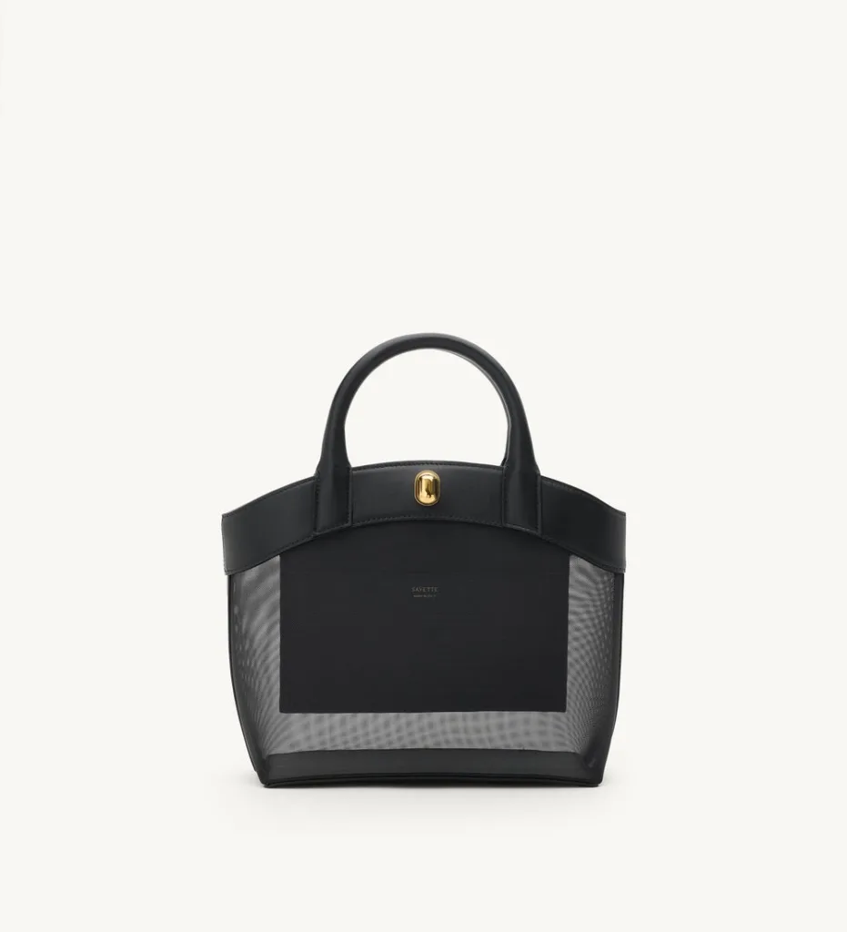 Savette Small Tondo Black Mesh Leather Trimmed Tote