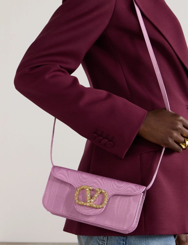 Valentino Garavani Loco Embellished Moire Baby Pink Clutch
