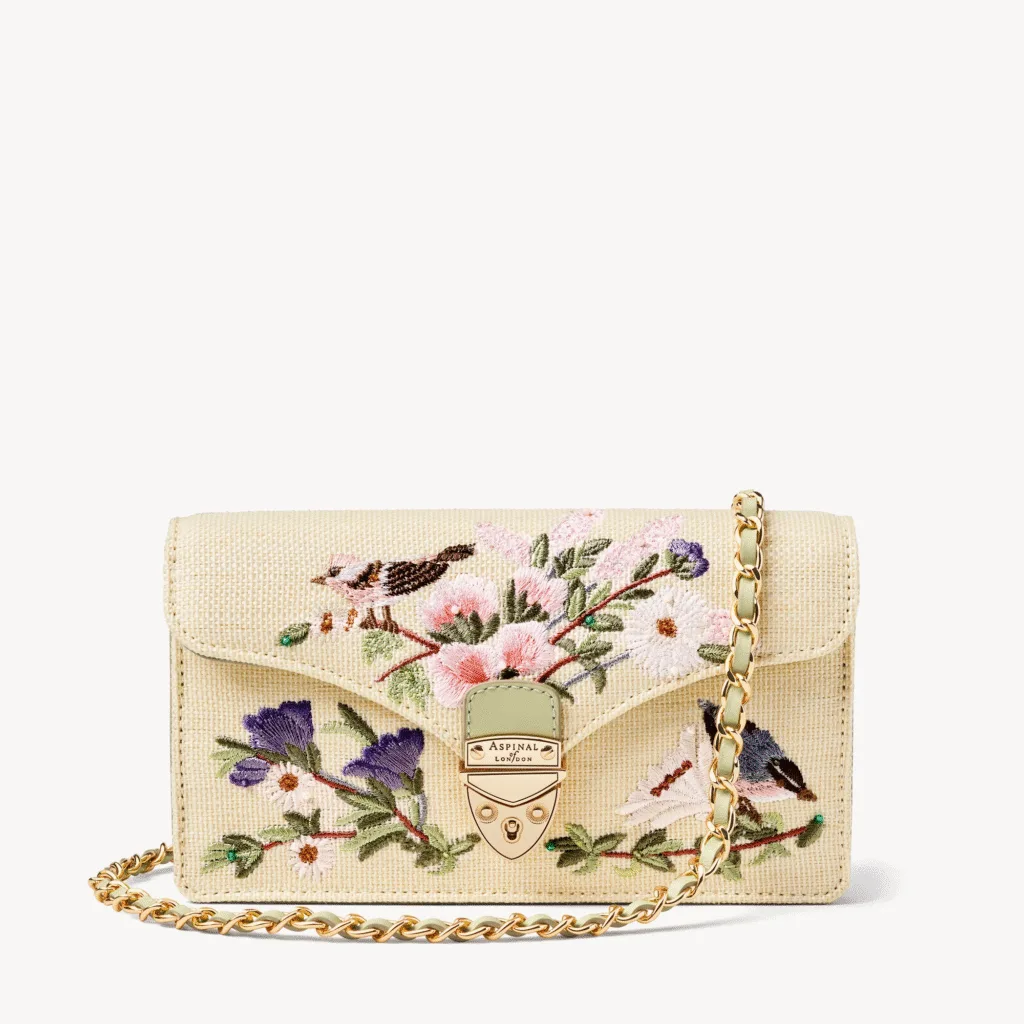 Aspinal of London Mayfair English Garden Embroidered Canvas Raffia Clutch Bag