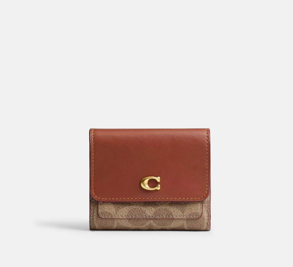 Coach Mila Small Flap Wallet Signature Tan Camel Canvas
