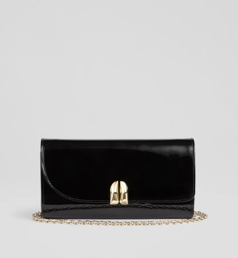 LK Bennett Florence Black Patent Leather Curved Flap Clutch