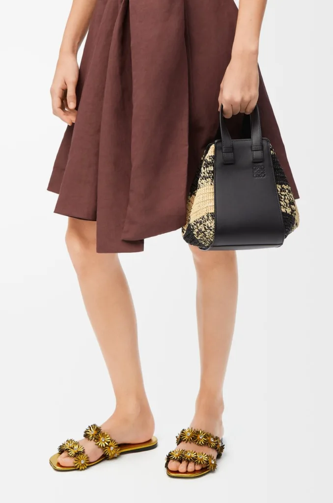Loewe Compact Hammock Bag in Natural and Black Raffia and Calfskin