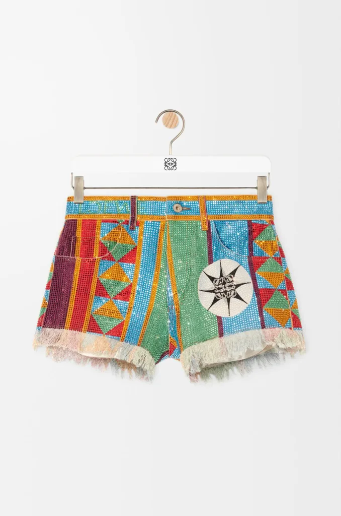 Loewe Crystal Embellished Shorts in Multicolour Denim