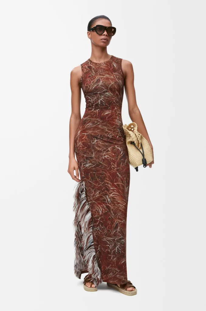 Loewe Feather Tank Dress in Multi Brown Stretch Modal