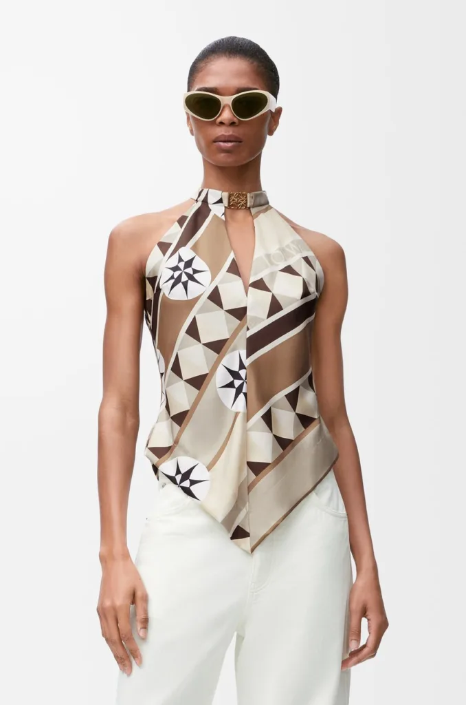 Loewe Halterneck Top in Multicolour Beige Lightweight Silk