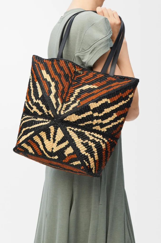Loewe Medium Puzzle Fold Black and Honey Gold Raffia and Calfskin Tote