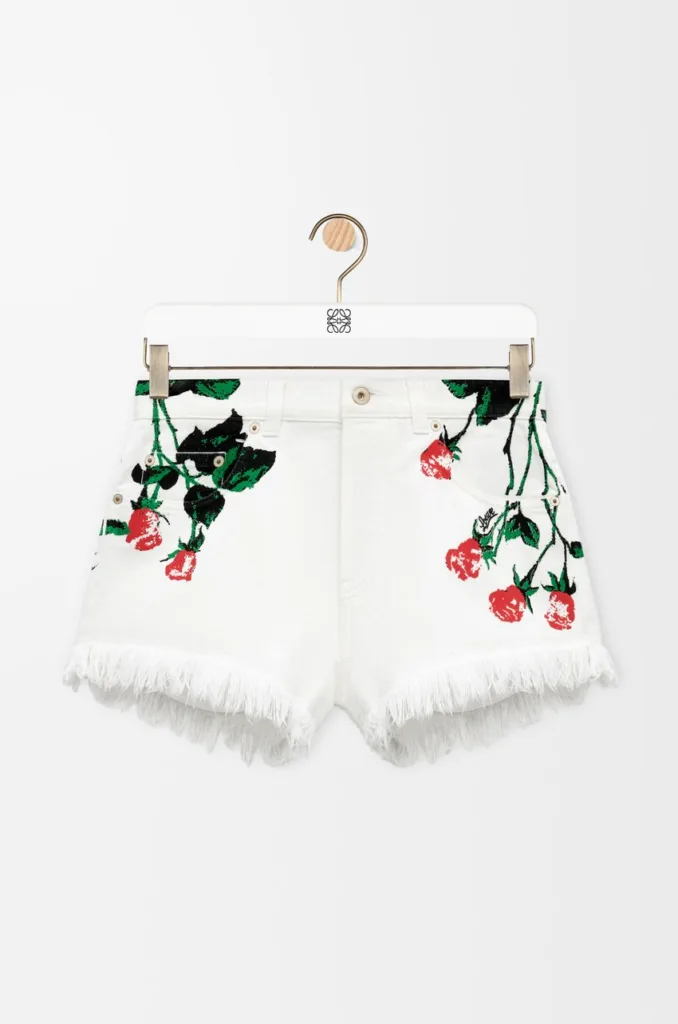 Loewe Shorts in Denim with Floral Motifs Frayed Hem