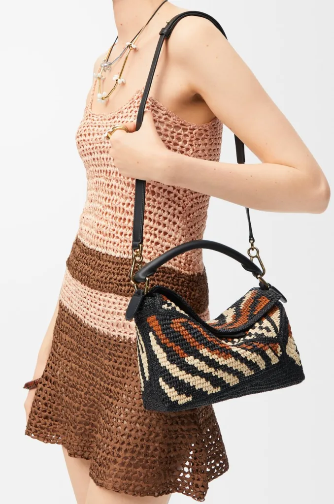 Loewe Small Puzzle Edge Bag in Black Honey Gold Raffia and Calfskin