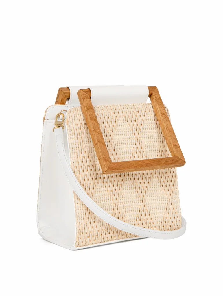 Mashu Amaryllis Natural Raffia and White Leather Bag