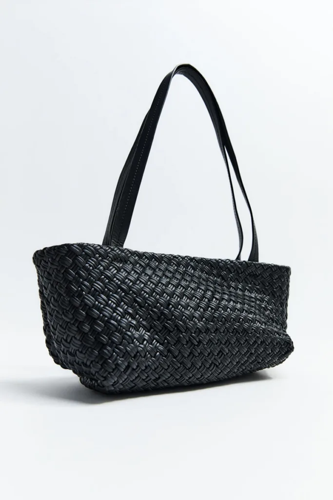 St. Agni Black Leather Petit Woven Trapeze Bag