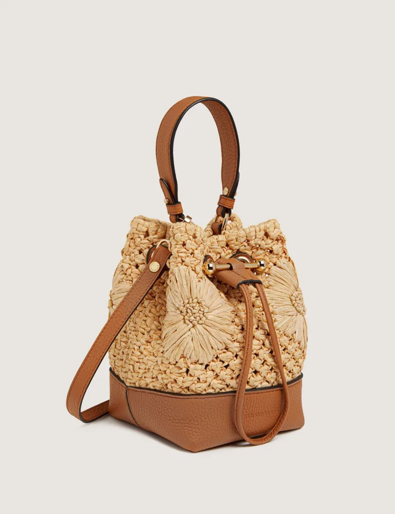 Strathberry Osette Floral Paper Raffia and Tan Leather Bucket Bag