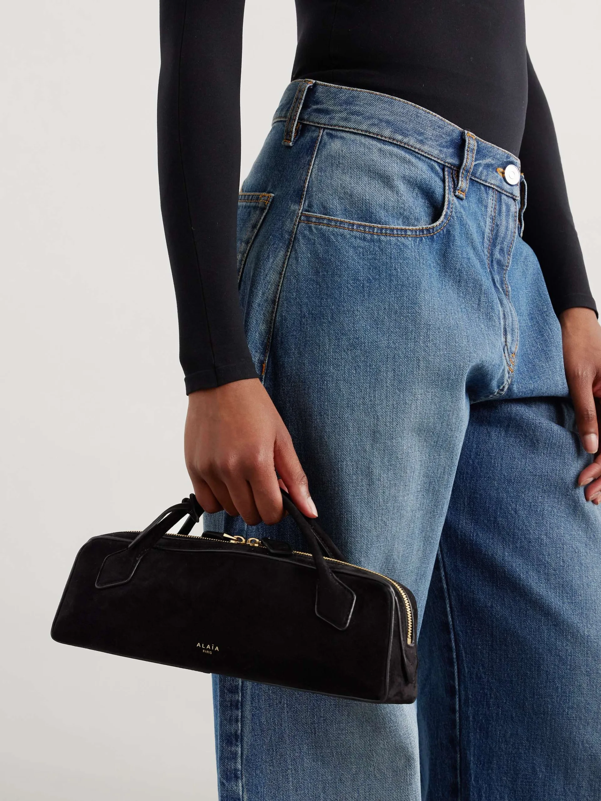 Alaia Le Teckel Leather Trimmed Black Suede Clutch Bag