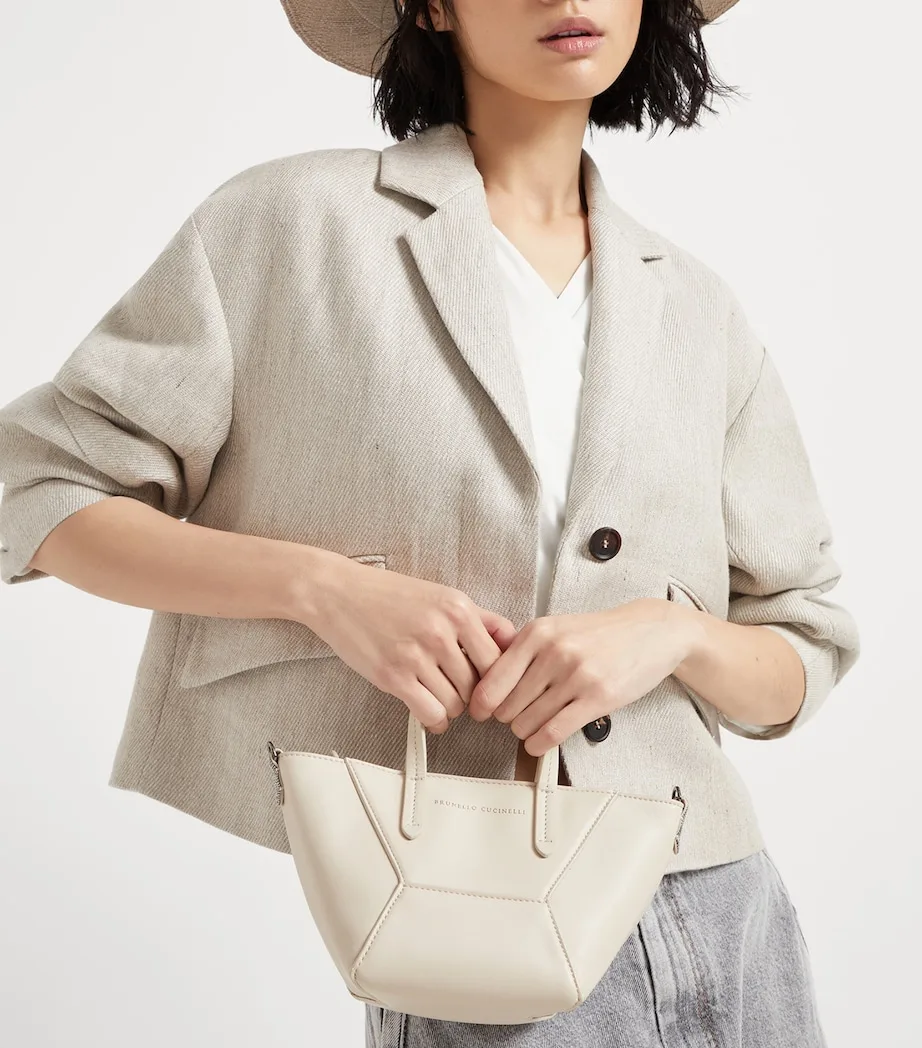 Brunello Cucinelli Mini Ivory Calfskin BC Duo Top-Handle Bag