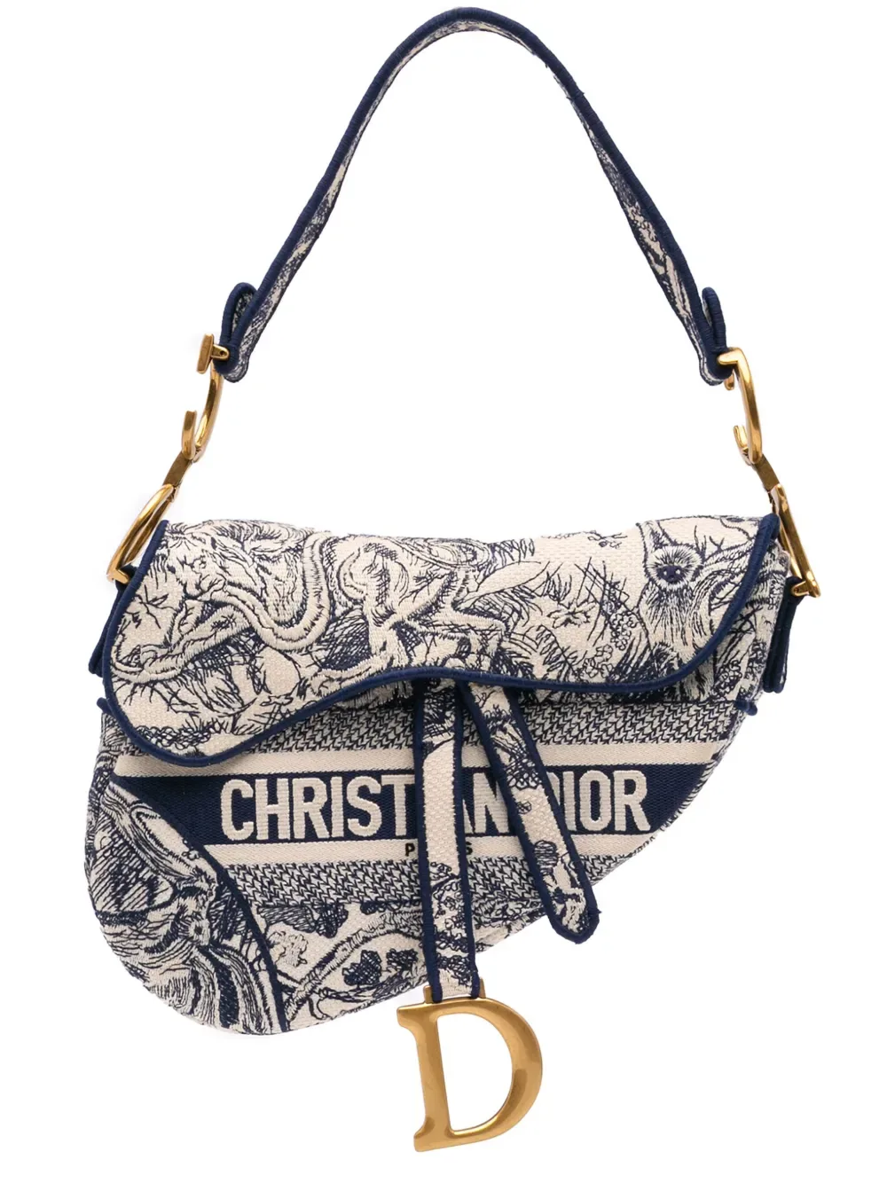 Christian Dior 2021 Canvas Embroidered Toile de Jouy Saddle Bag