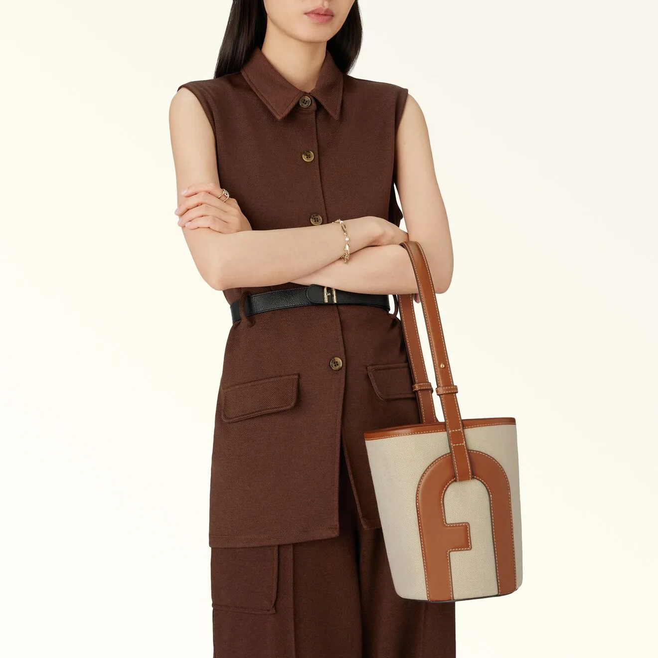 Furla Lido Toni Cognac Canvas & Leather Trimmed Bucket Bag