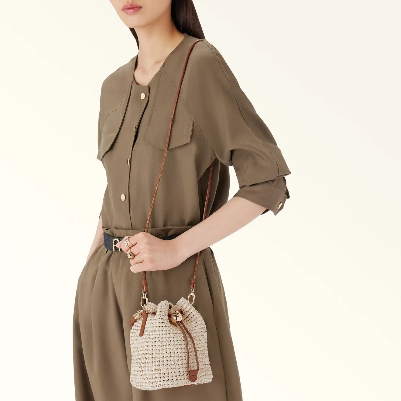 Furla Mionido Natural & Cognac Crochet Woven Effect Mini Bucket Bag