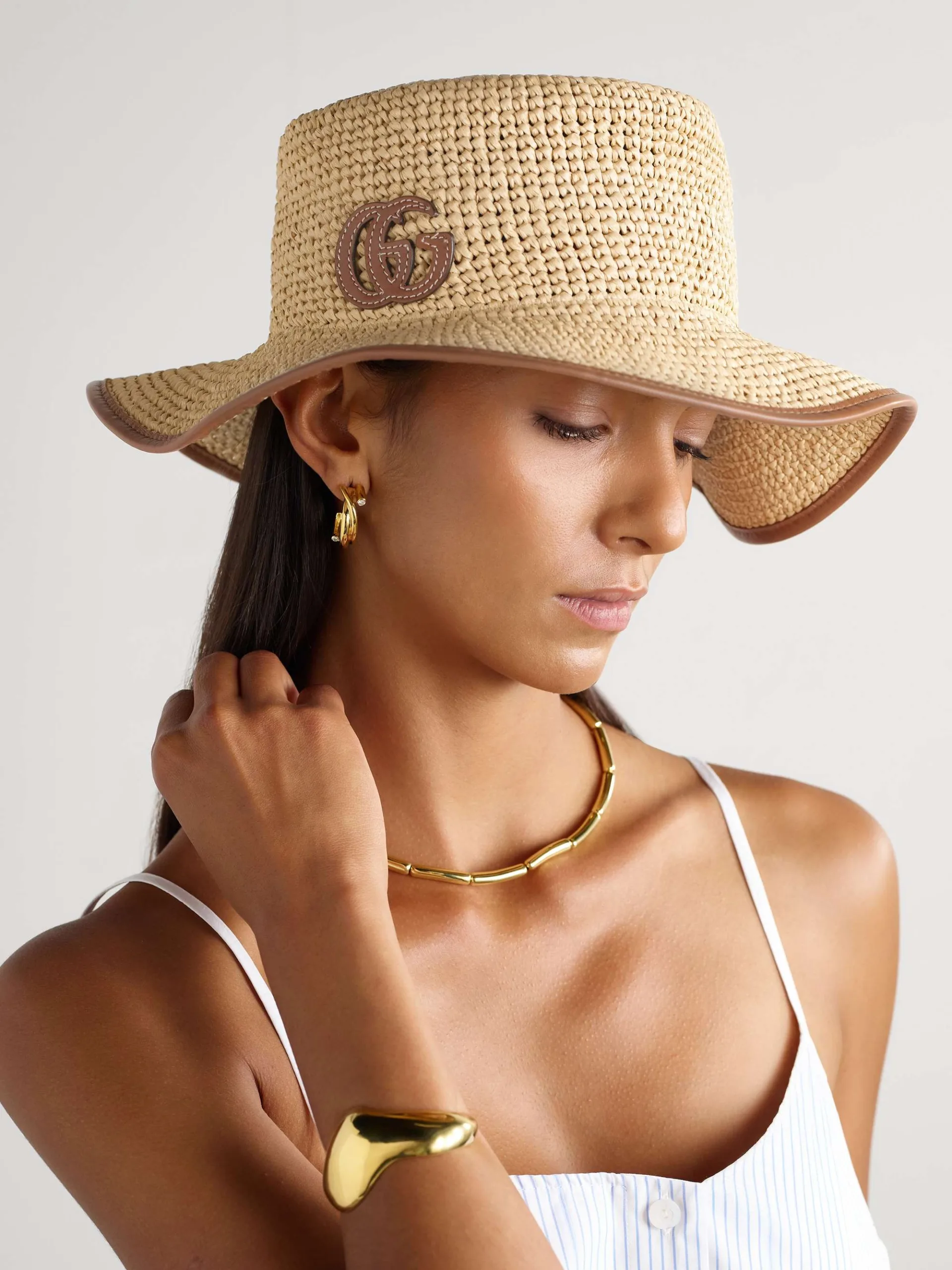 Gucci Appliqued Leather Trimmed Light Brown Straw Hat