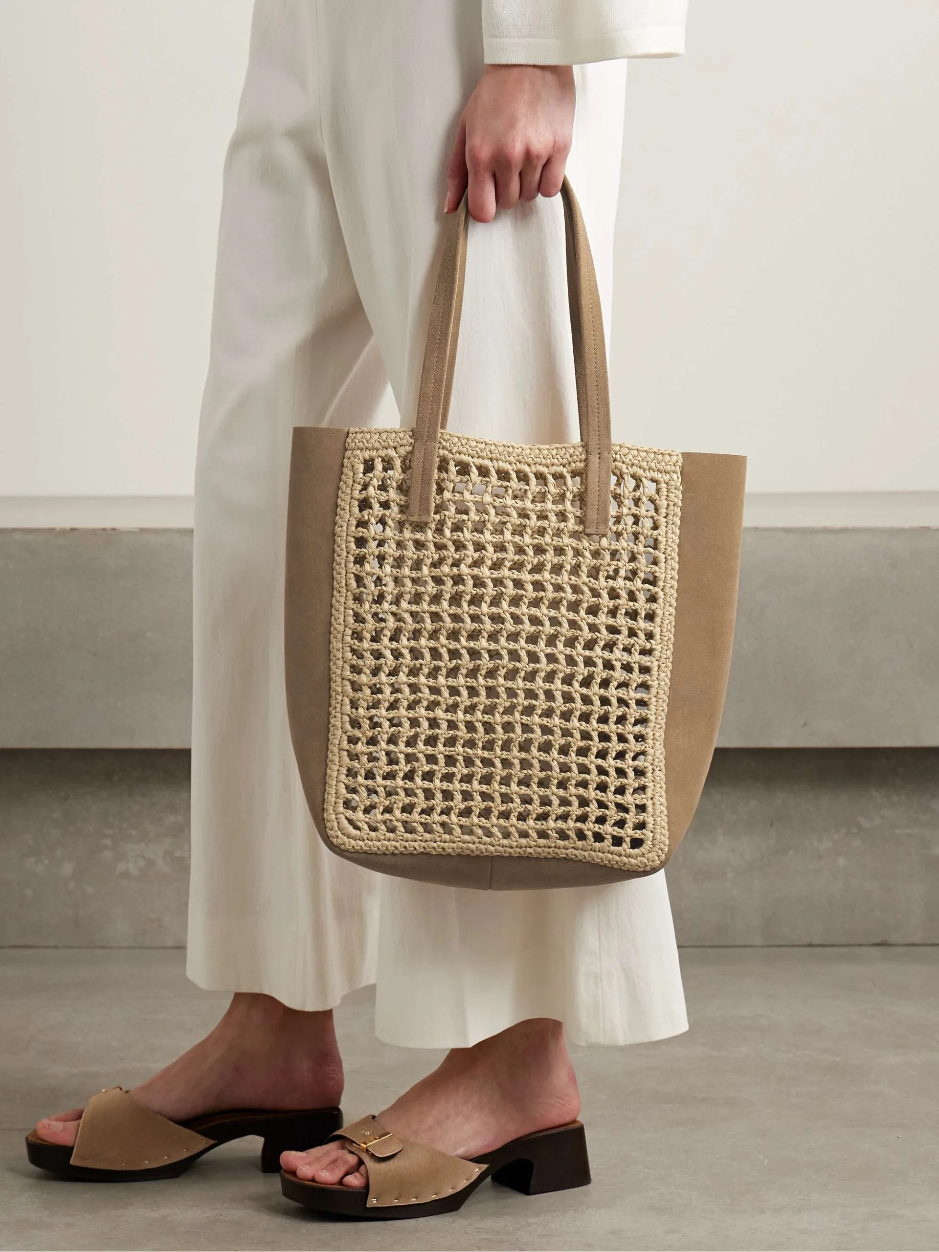 Khaite Zoe Small Neutral Suede Crocheted Raffia Tote
