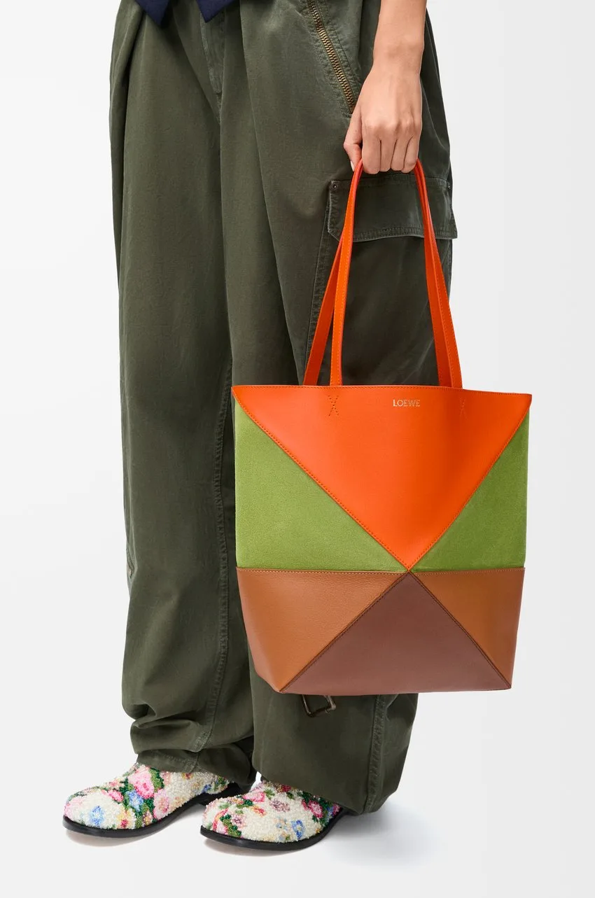 Loewe Puzzle Fold Tote in Vivid Orange & Meadow Green Suede