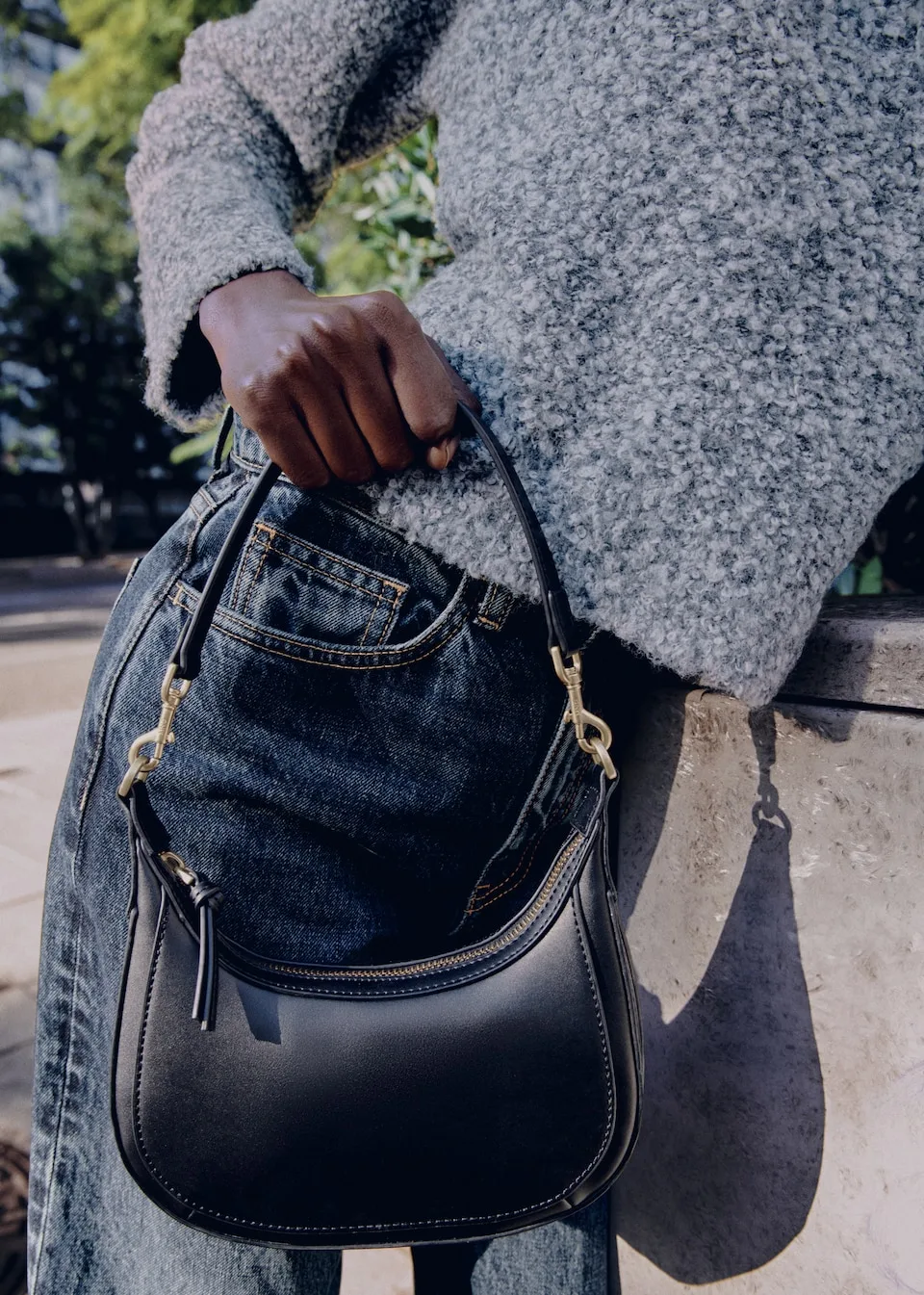 Mango Mini Oval Faux Black Leather Crossbody Bag