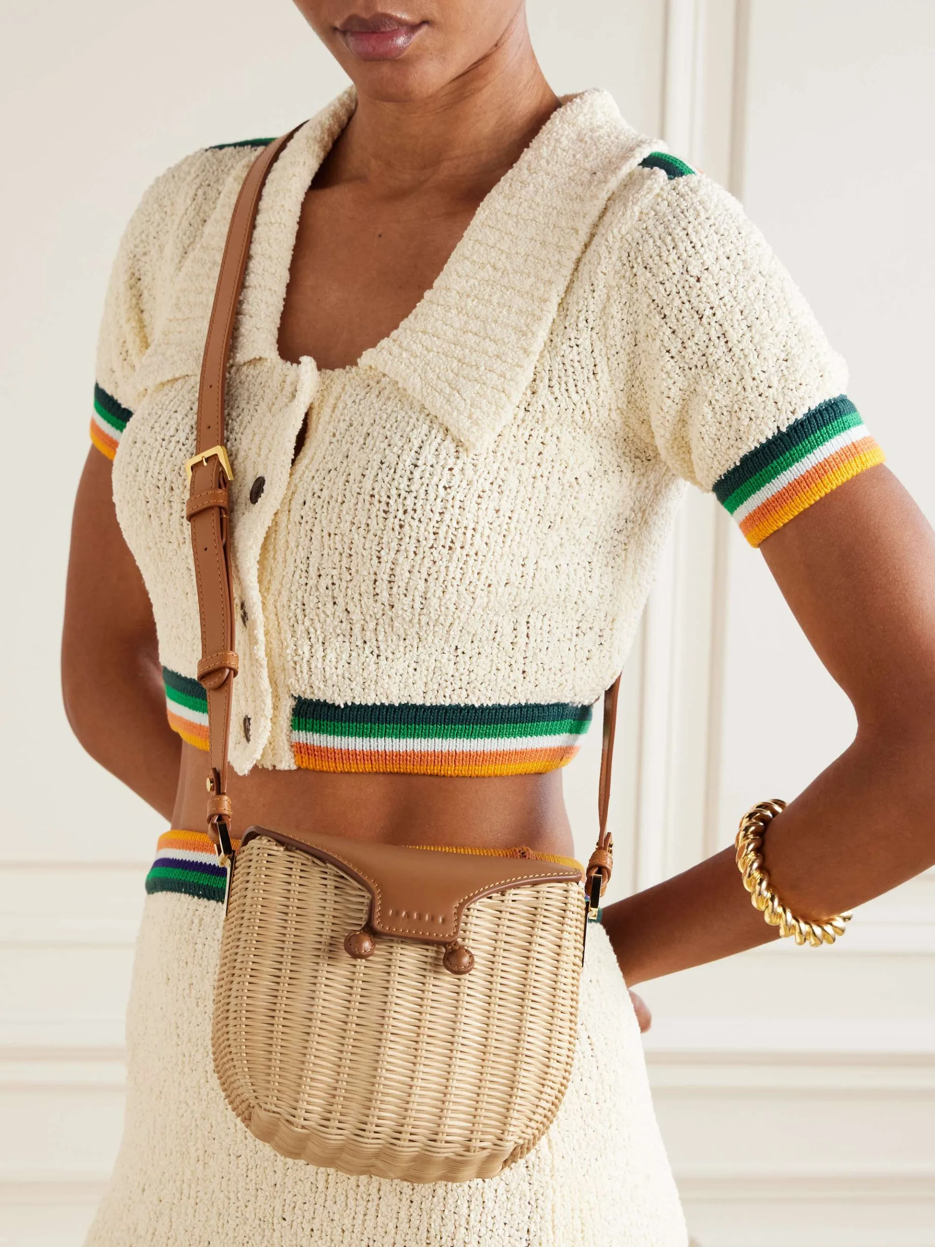 Marni Leather-Trimmed Woven Sand Rattan Shoulder Bag