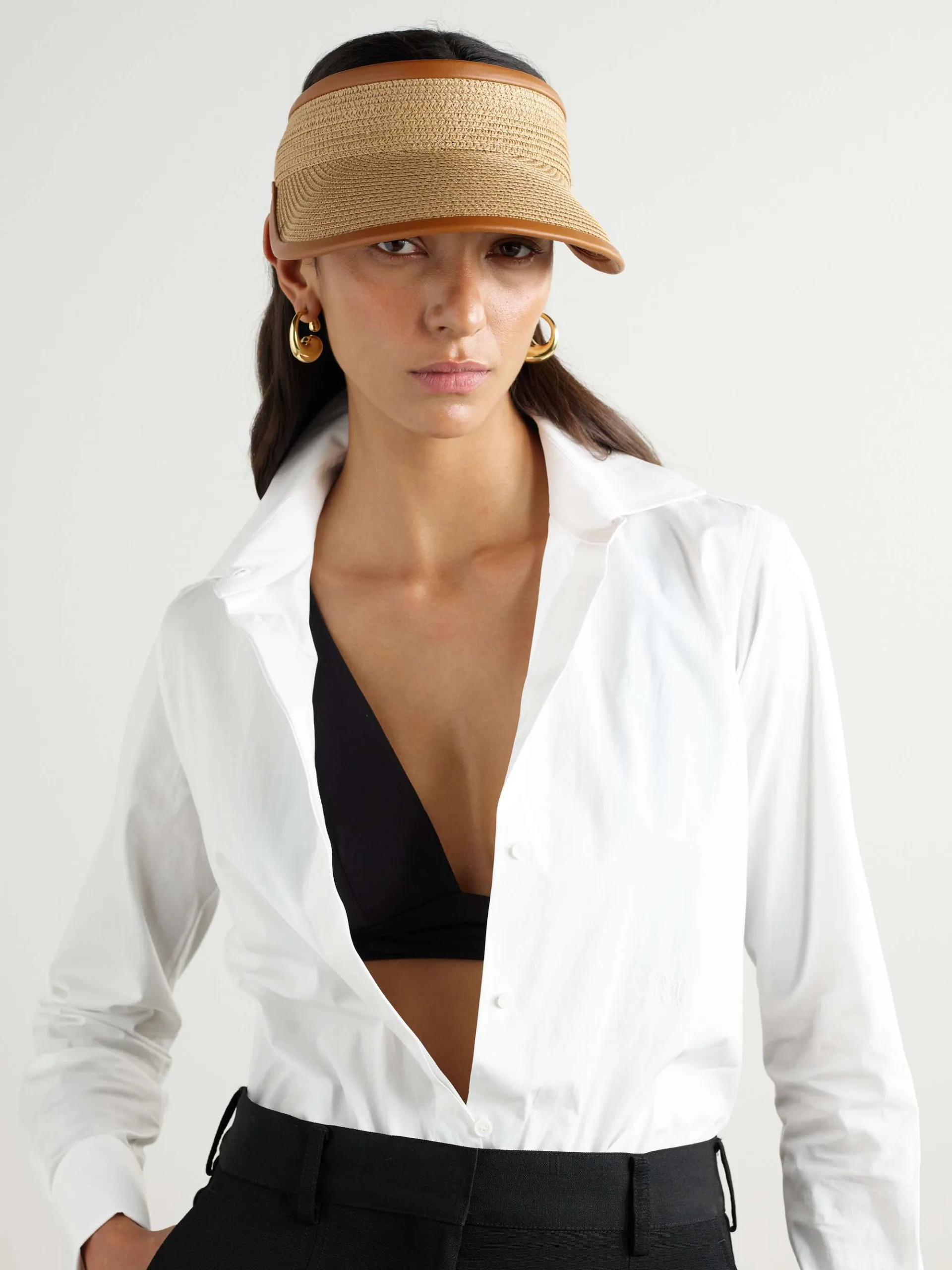 Max Mara Mogador Embellished Leather-Trimmed Light Brown Raffia Visor