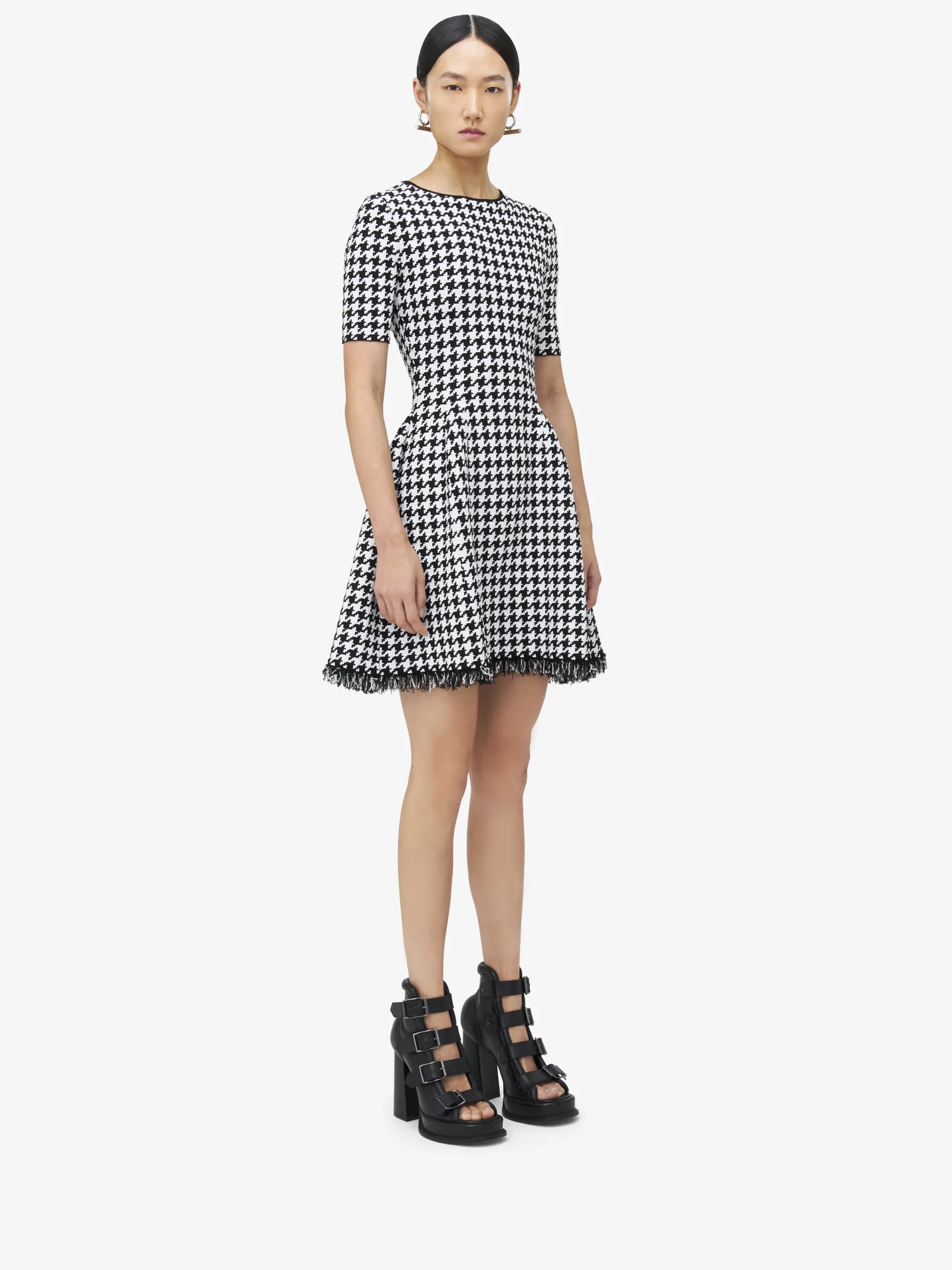 McQueen Houndstooth Mini Dress Black Ivory Jacquard