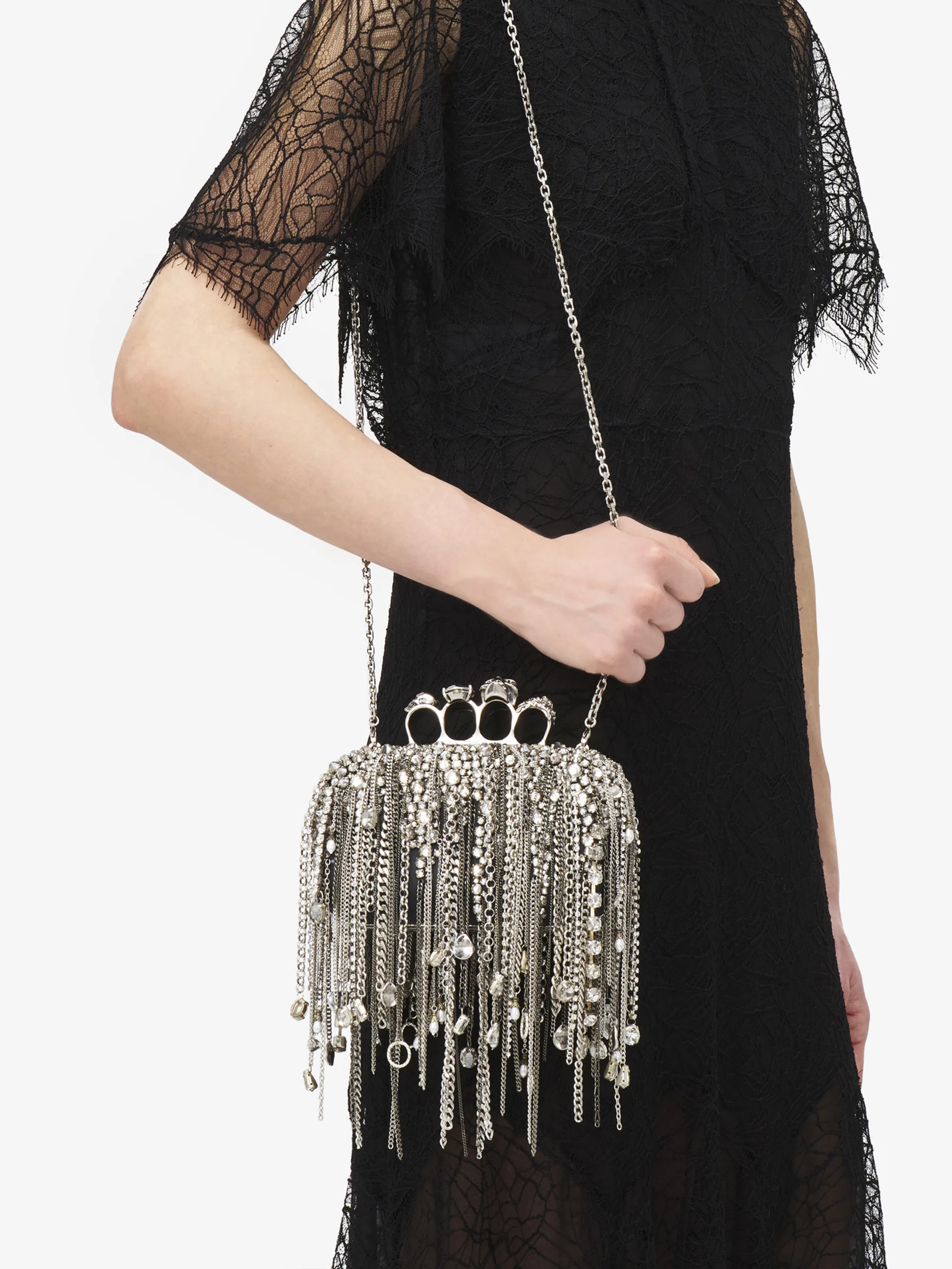 McQueen Knuckle Clutch Silver Black Leather