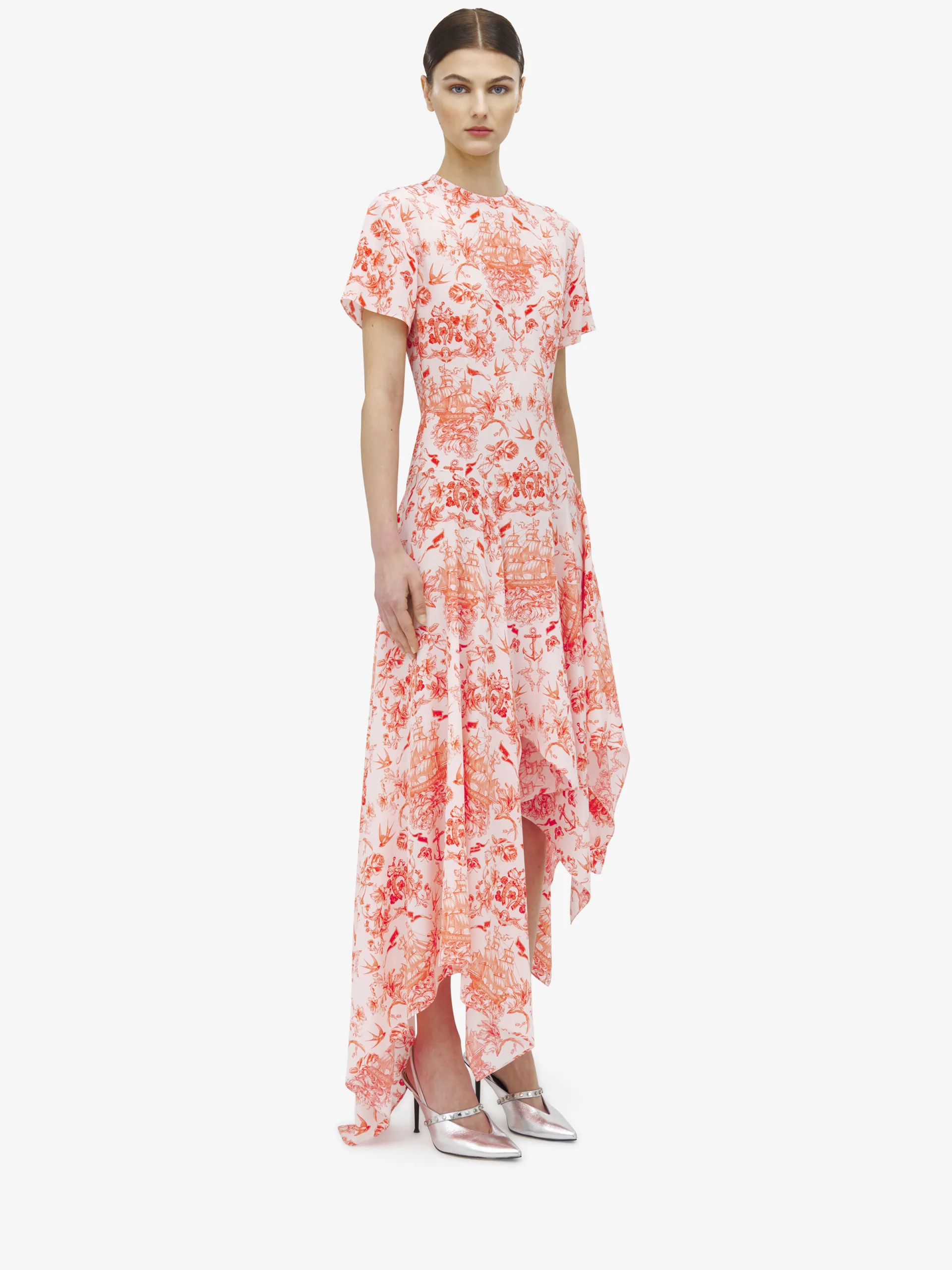McQueen Sailor Tattoo Asymmetric Dress Pink Red