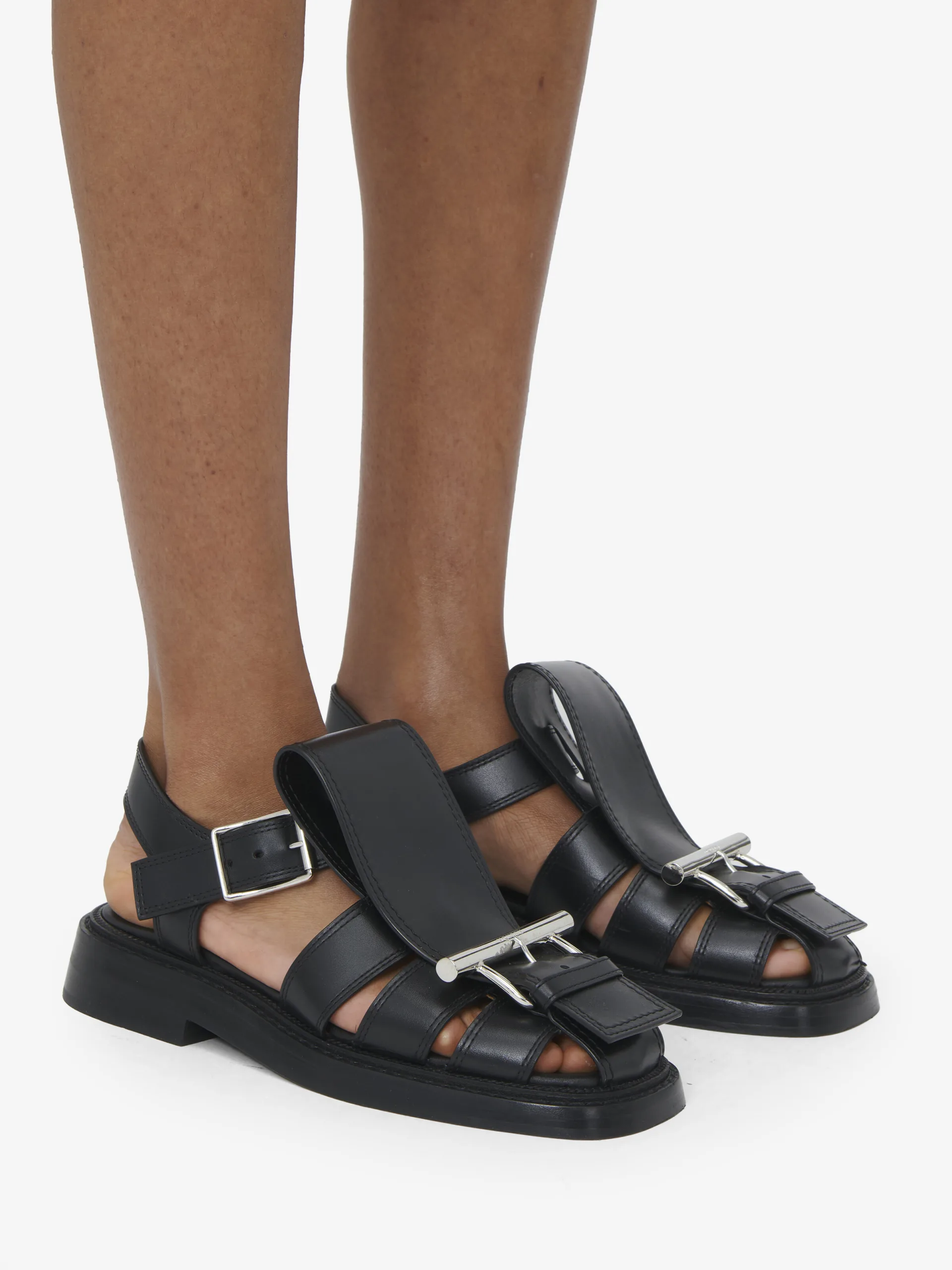 McQueen T-Bar Caged Black Leather Sandal