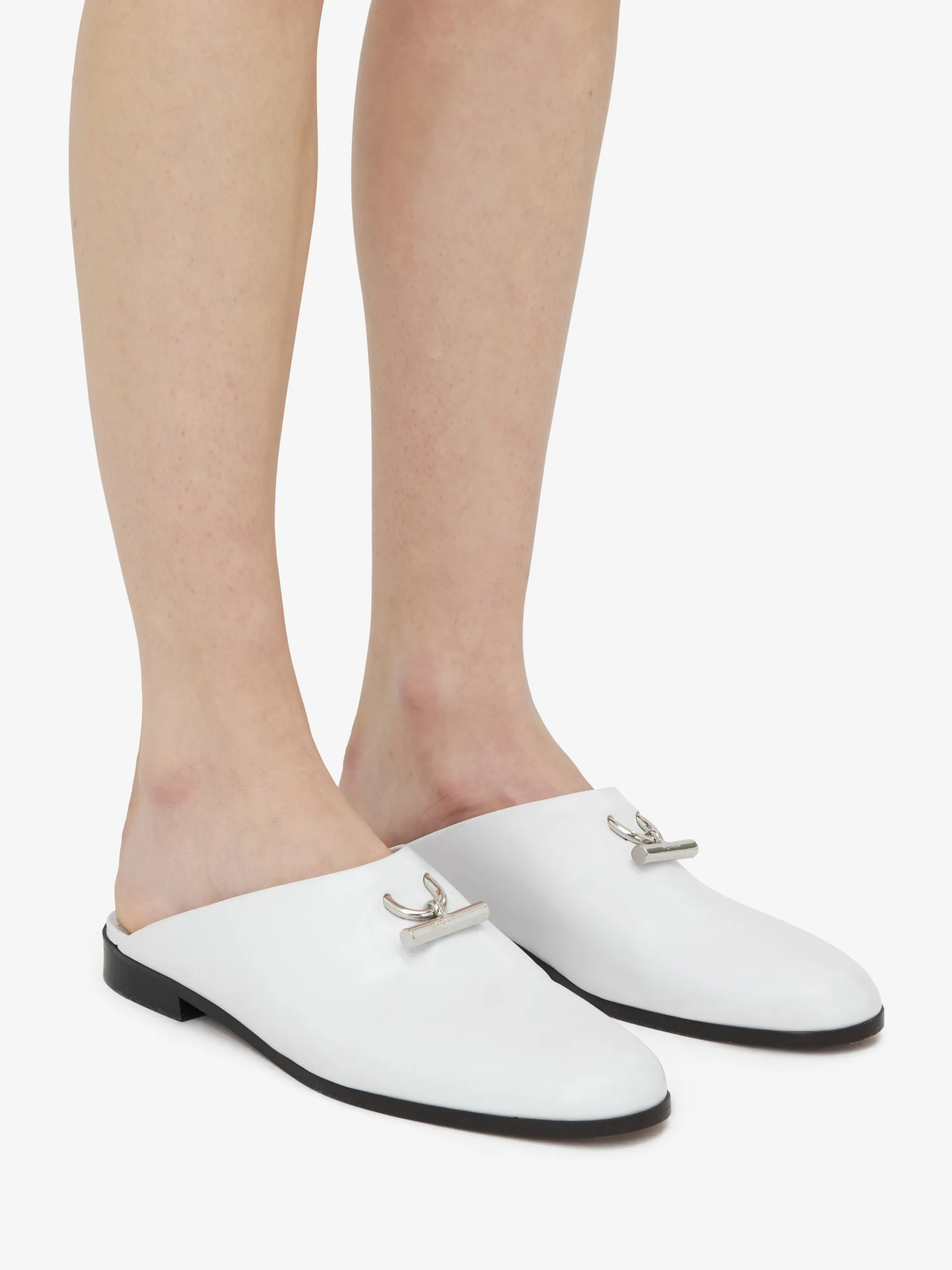 McQueen T-Bar Slip On Mule White Leather Silver Detail
