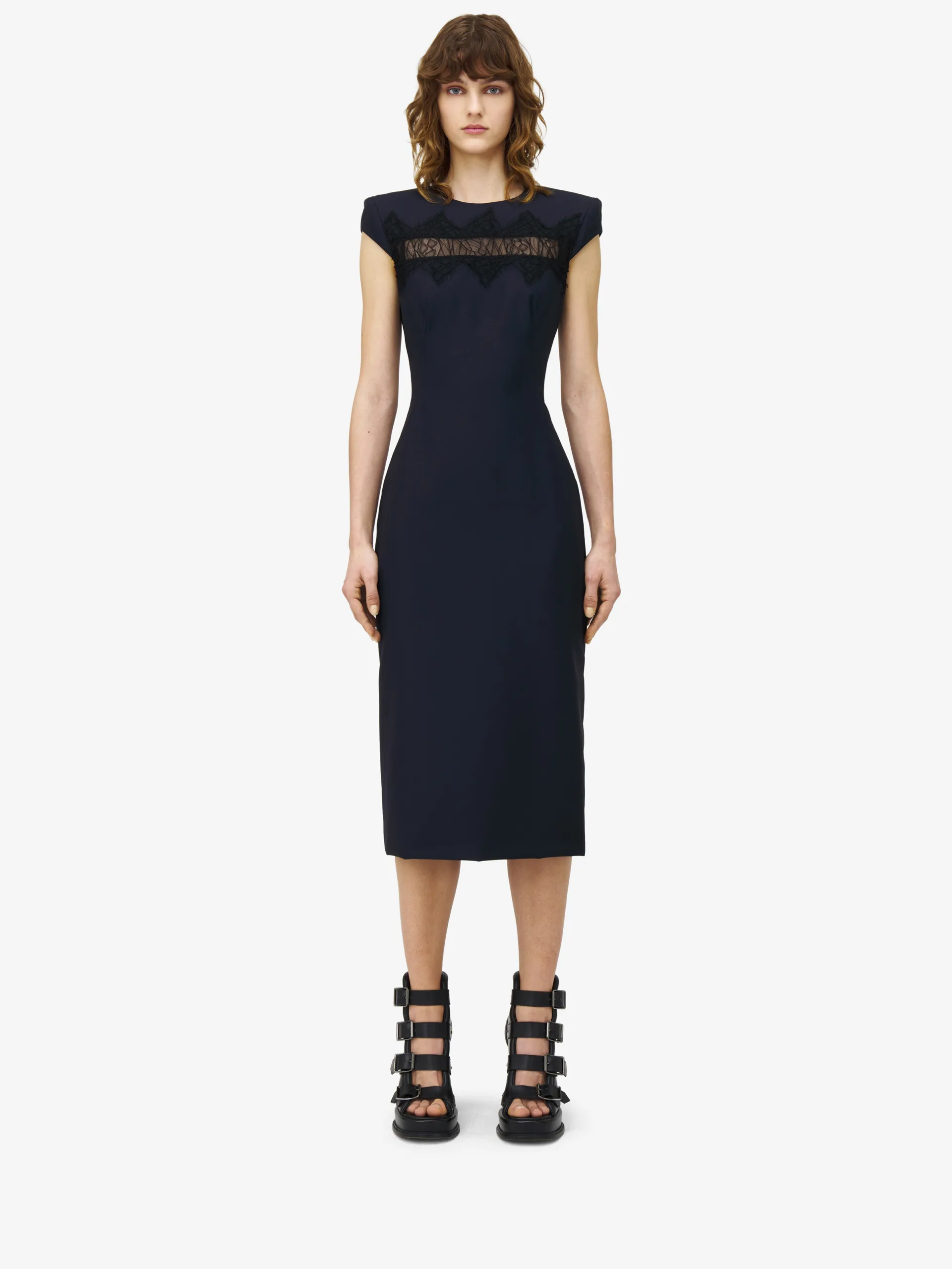 McQueen Tailored Pencil Dress Navy Blue Mohair