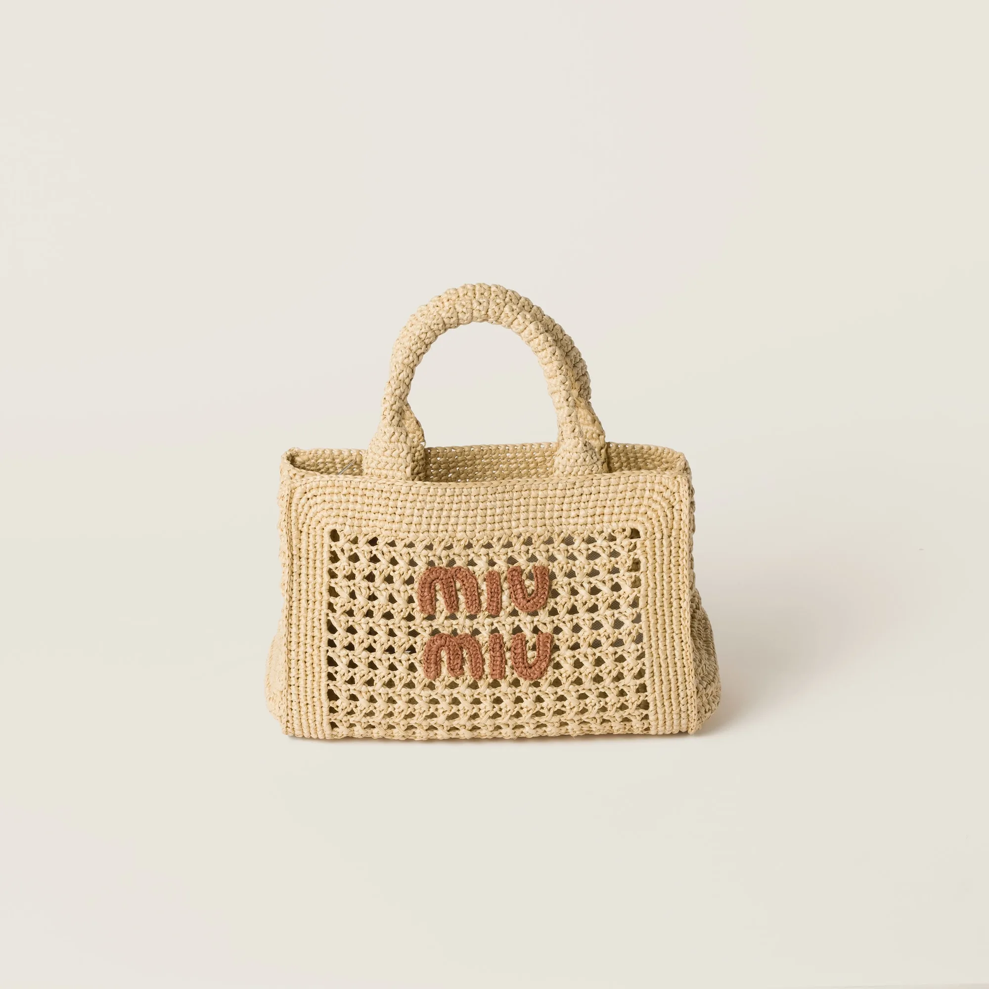 Miu Miu Beige Cognac Raffia-effect Woven Handbag
