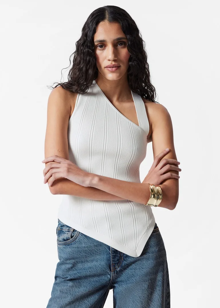 & Other Stories White Asymmedtric Rib-Knit Top