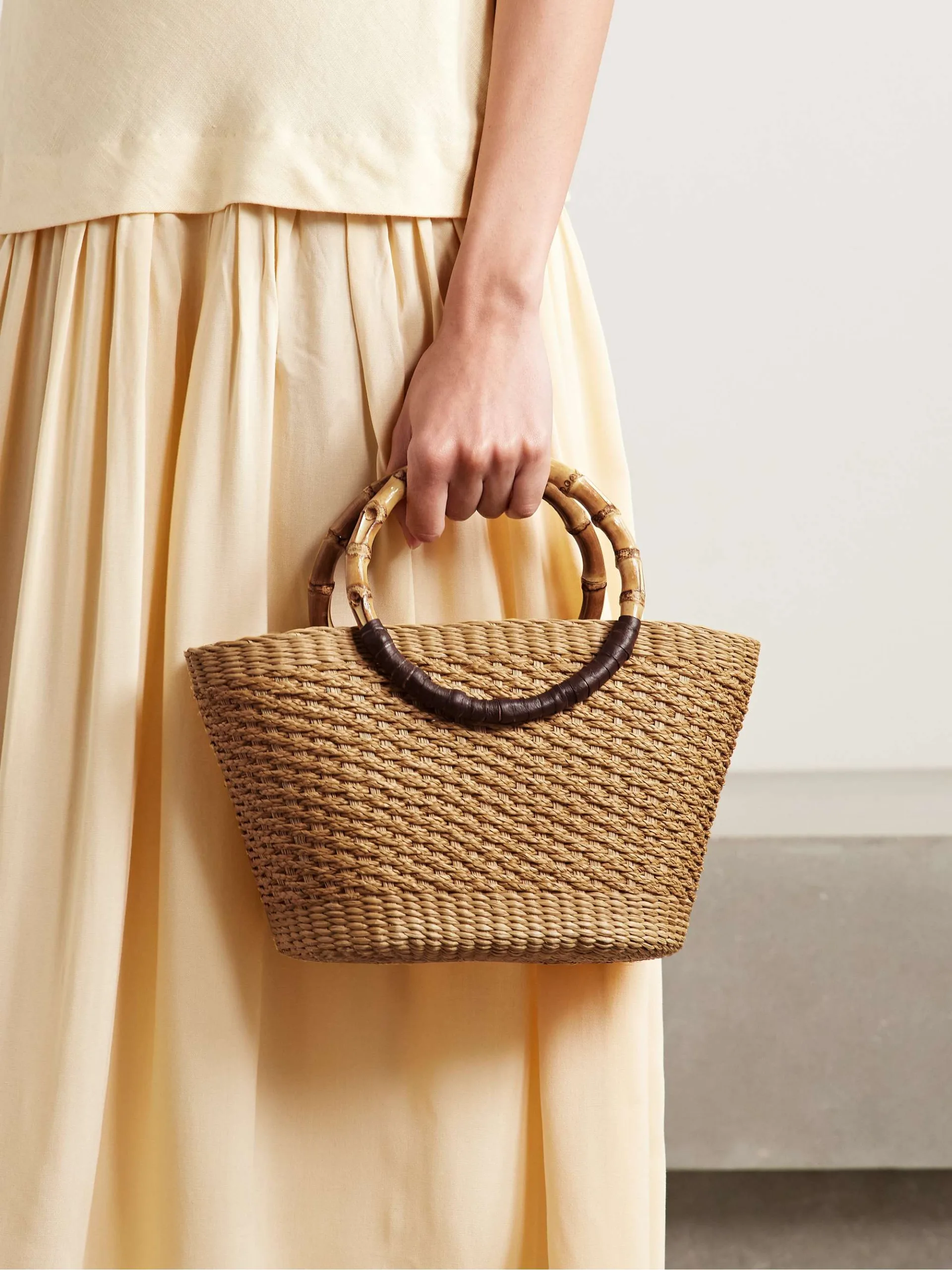 Sensi Studio Bamboo Leather Trimmed Tan Straw Tote
