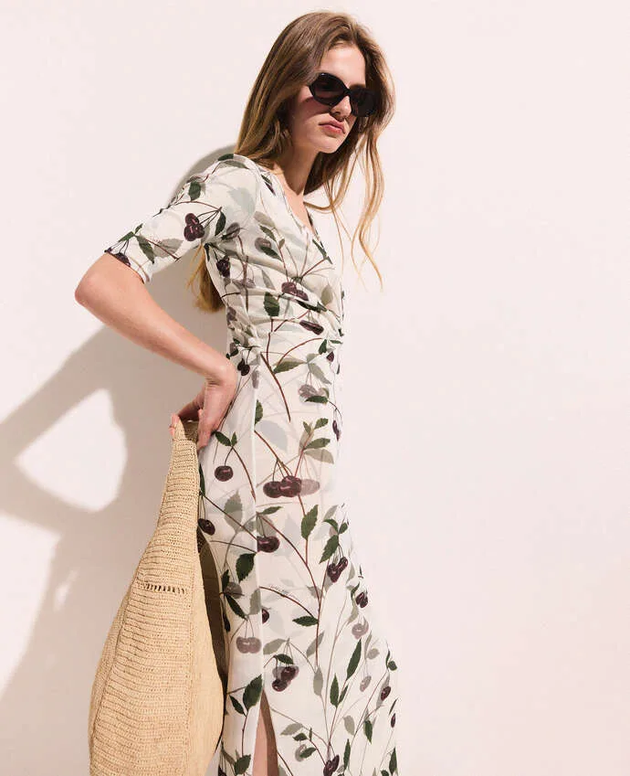 Stella McCartney Cherry Print Cream Mesh Half Sleeve Midi Dress