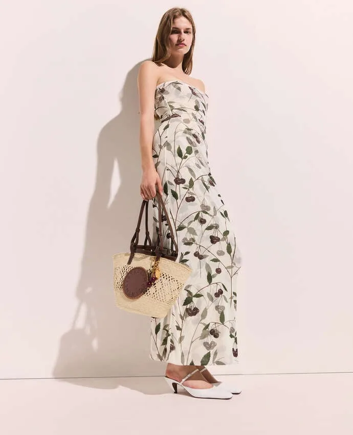 Stella McCartney Cherry Print Cream Mesh Strapless Midi Dress