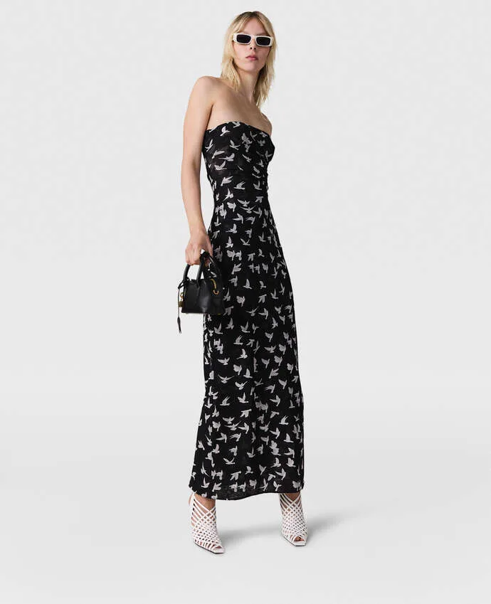 Stella McCartney Dove Print Black White Mesh Strapless Midi Dress
