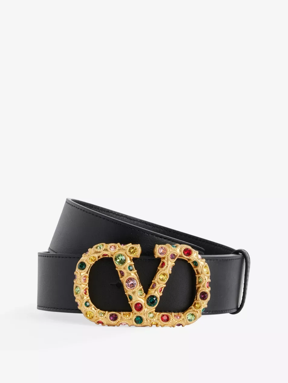 Valentino Garavani VLogo Crystal Embellished Leather Belt