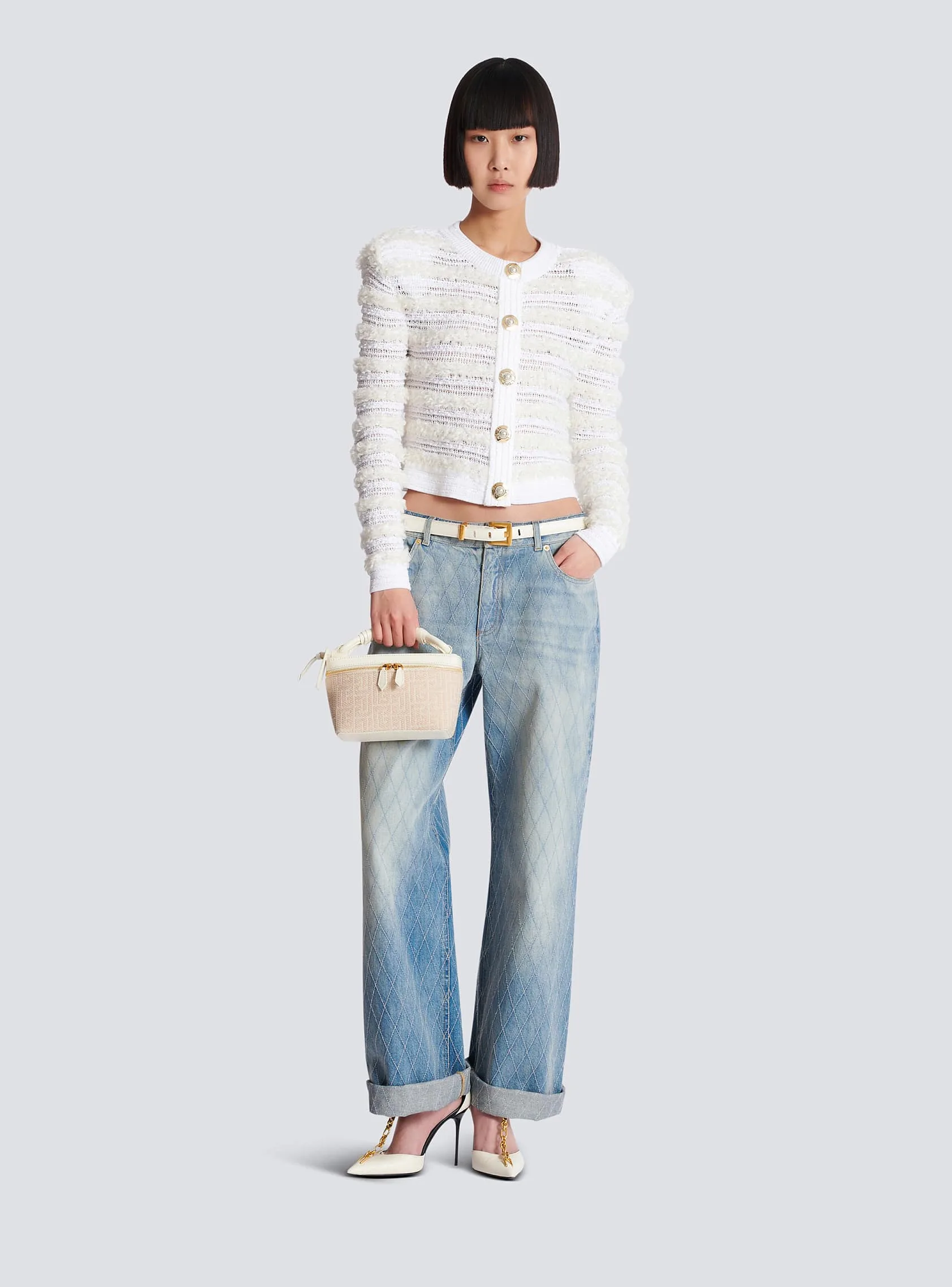 Balmain B-Army Vanity Case in Monogrammed Beige Canvas & Leather
