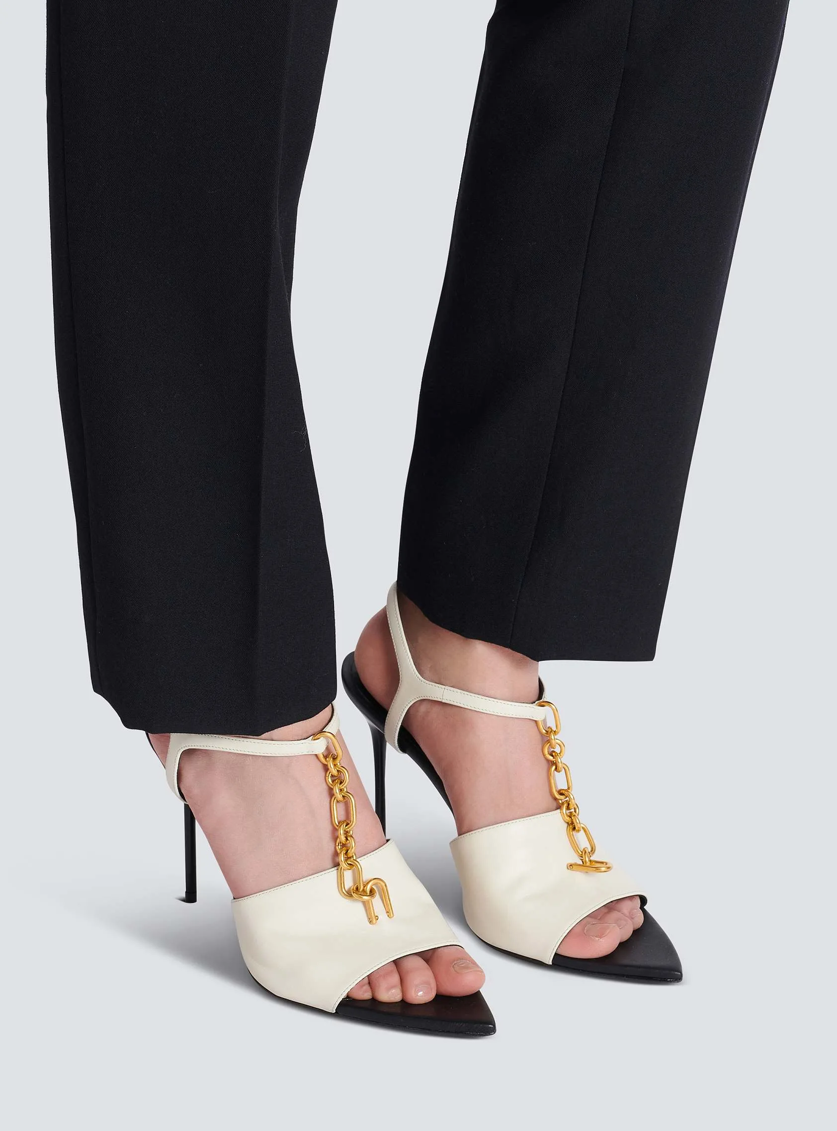 Balmain Sync Beige Leather Sandals with Heel