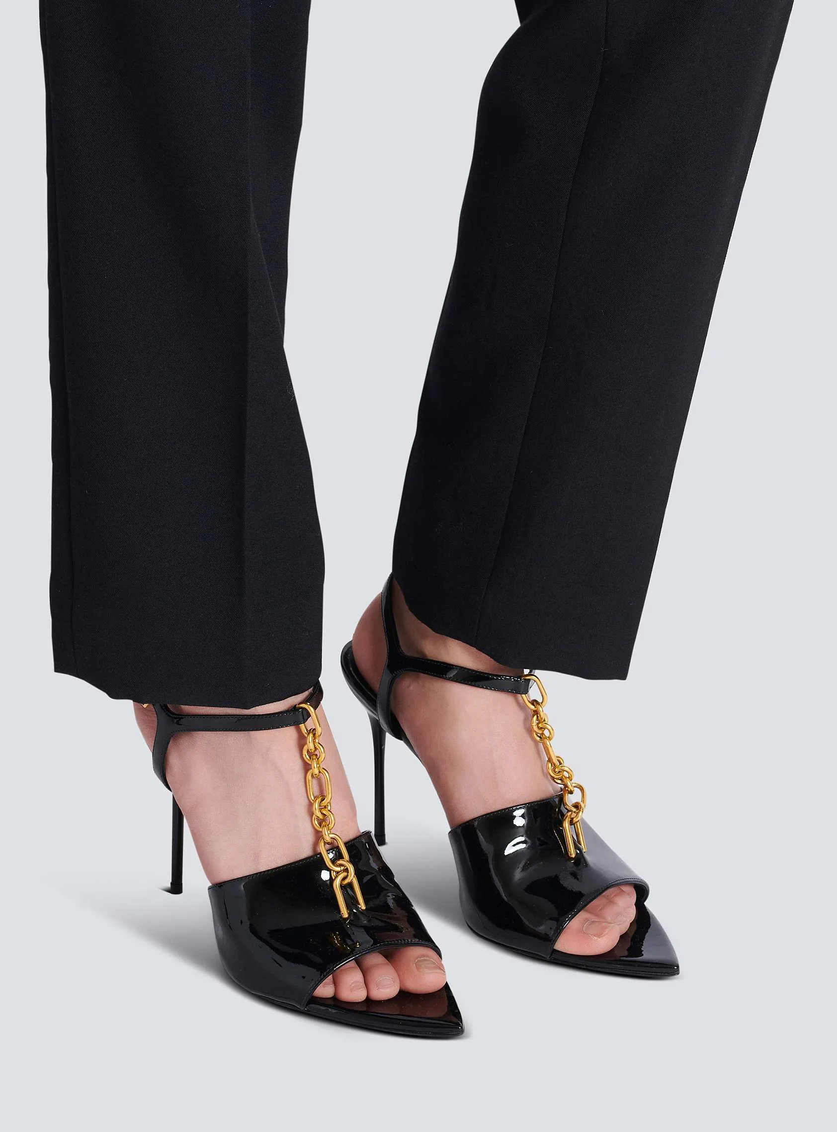 Balmain Sync Black Patent Leather Sandals with Heel